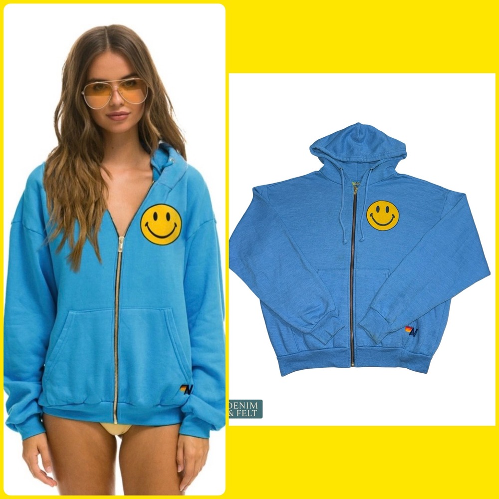 Aviator Nation Smiley Face Zip Hoodie Sky Blue Oversized Cozy‎ Lounge Y2K XS